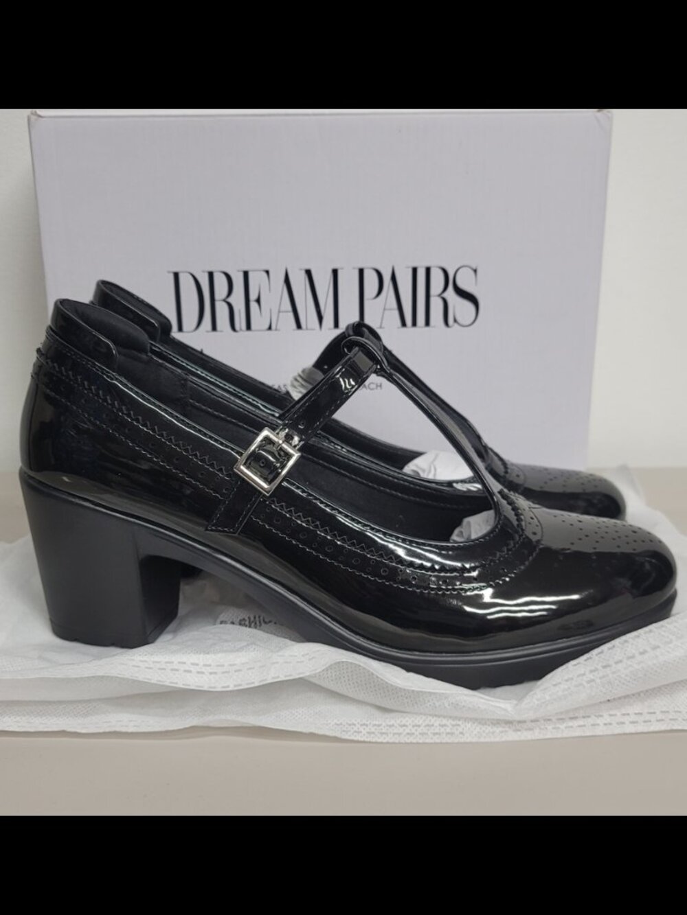 New DREAM PAIRS Ascenda Mary Jane Chunky Heel Pumps Patent Black 9.5